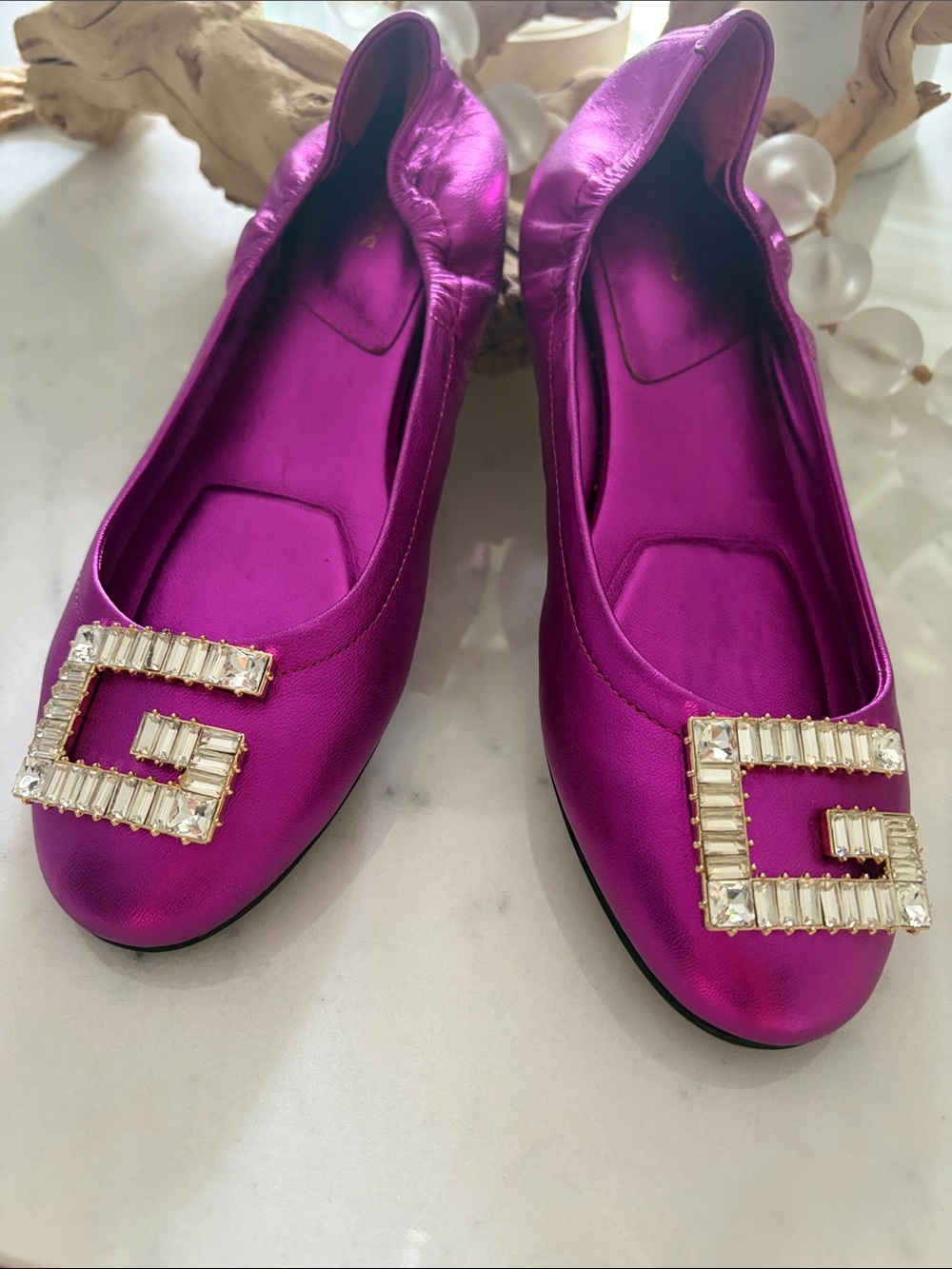 Guess Metallic Fuchsia Ballet Flats with Crystal G Buckle